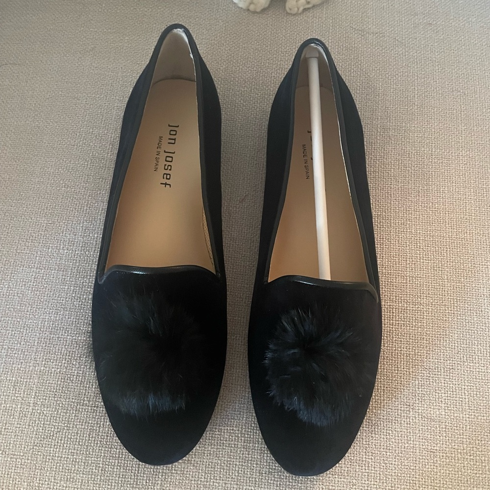 Jon Josef women’s G-Pompom black velvet loafer, size 8, NWT